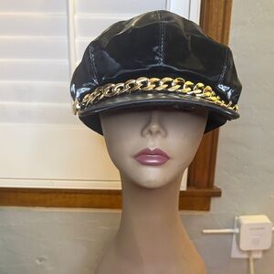 Black Leather Cap with Gold Chain
